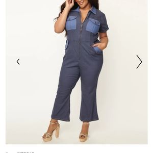 Unique Vintage Plus Size Blue Denim Cargo Jumpsuit
